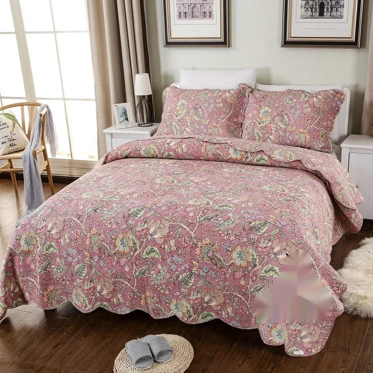 Pure cotton double-sided bedspread three-piece set with geometric print pattern showing bedspread-style pleating