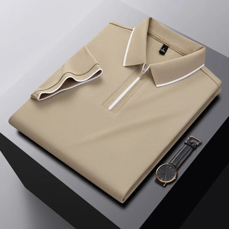 Men's solid colour polo shirt with a front zipper and short sleeves in beige apricot.
