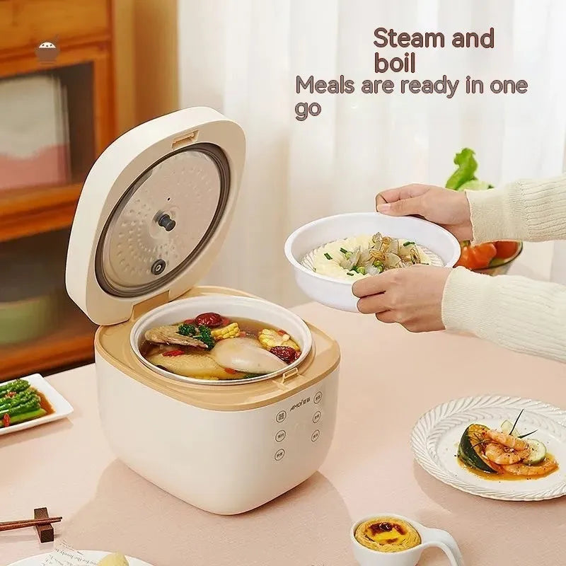 White or beige 3L intelligent multi-function rice cooker with black inner pot and accessories