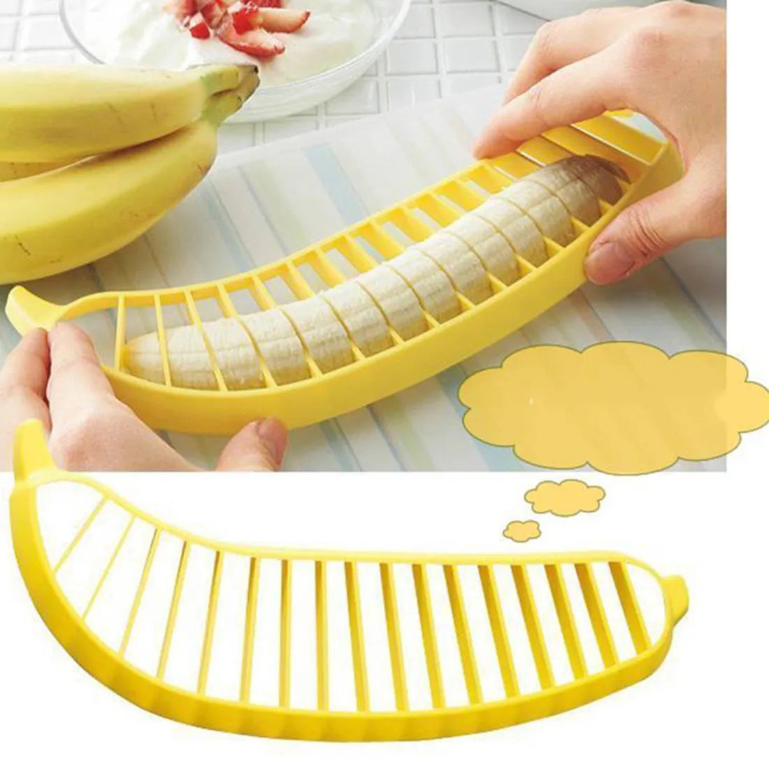 Yellow banana slicer made from food-grade PP plastic on a light background