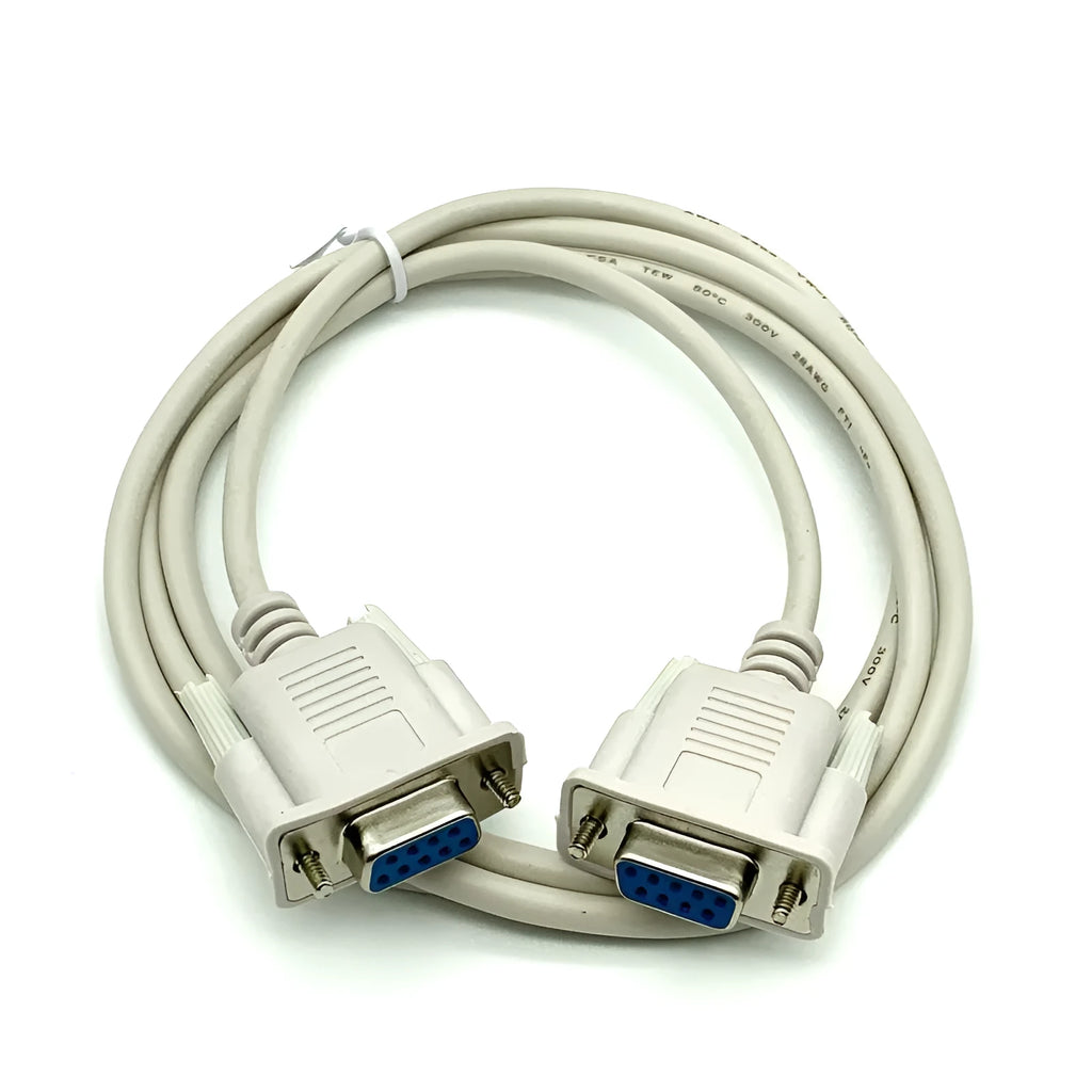 Milky white DB9 female to female serial port cable, 1.5 metres long.