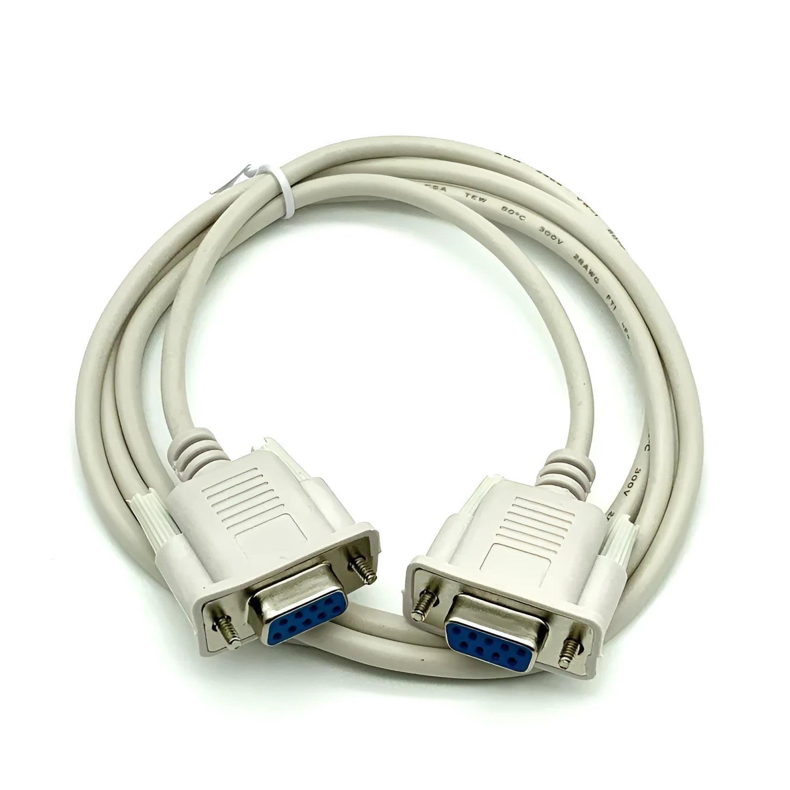 Milky white DB9 female to female serial port cable, 1.5 metres long.