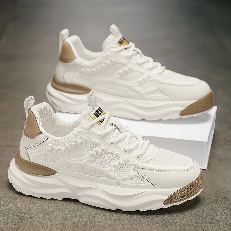 Men's white and black breathable mesh shoes with round toe and PU mesh upper construction