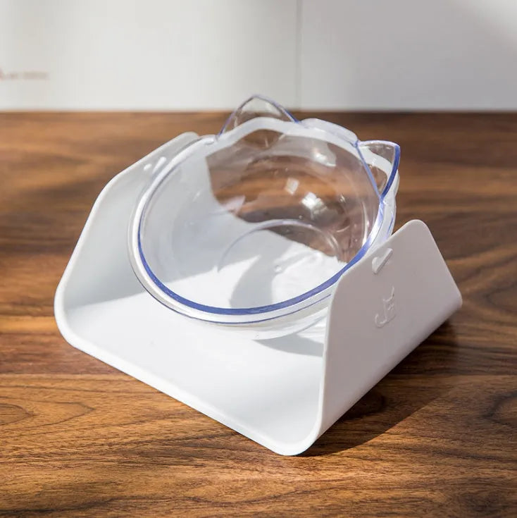 Protective cervical cat bowl in plastic with beveled sloped design, available in blue pink black white and yellow