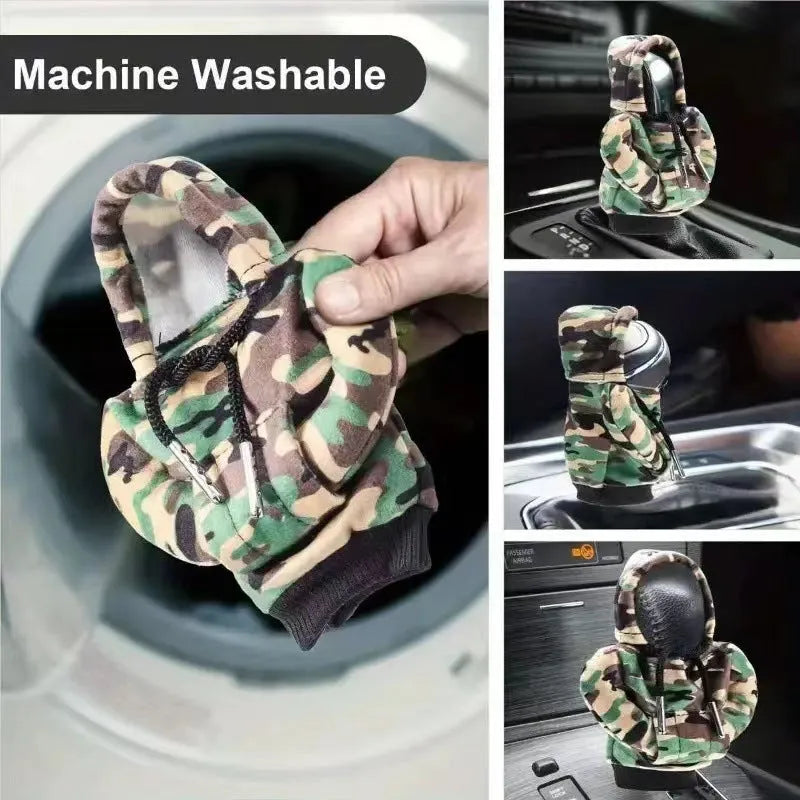 Grey camouflage polyester gear lever cover on car shift stick in sweater style