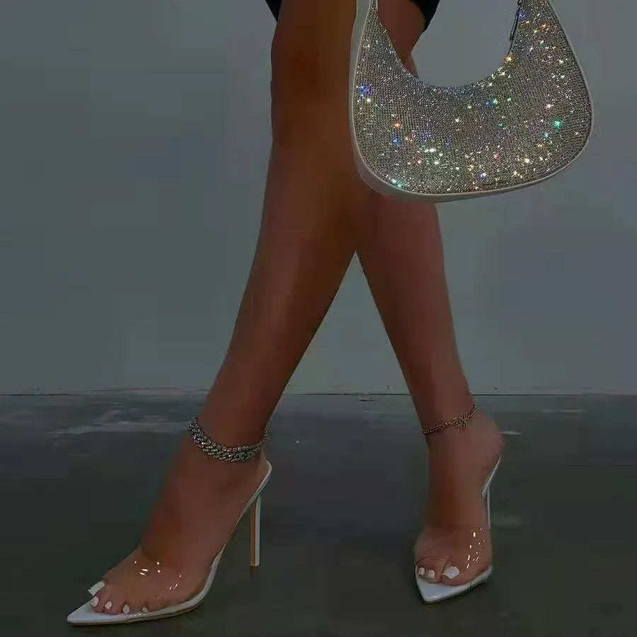 Women's ultra-high vamp stiletto heel slippers with pointed toe in black, white, apricot or red
