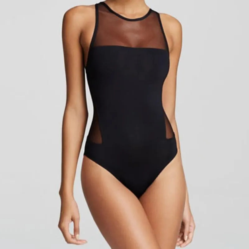 Women's black retro wave high waist Siamese swimsuit with triangle top on model, polyester acrylic blend