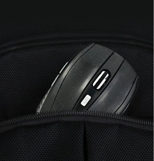 2.4G optical wireless mouse with 1000dpi sensor, six buttons, and four-way roller in black colour