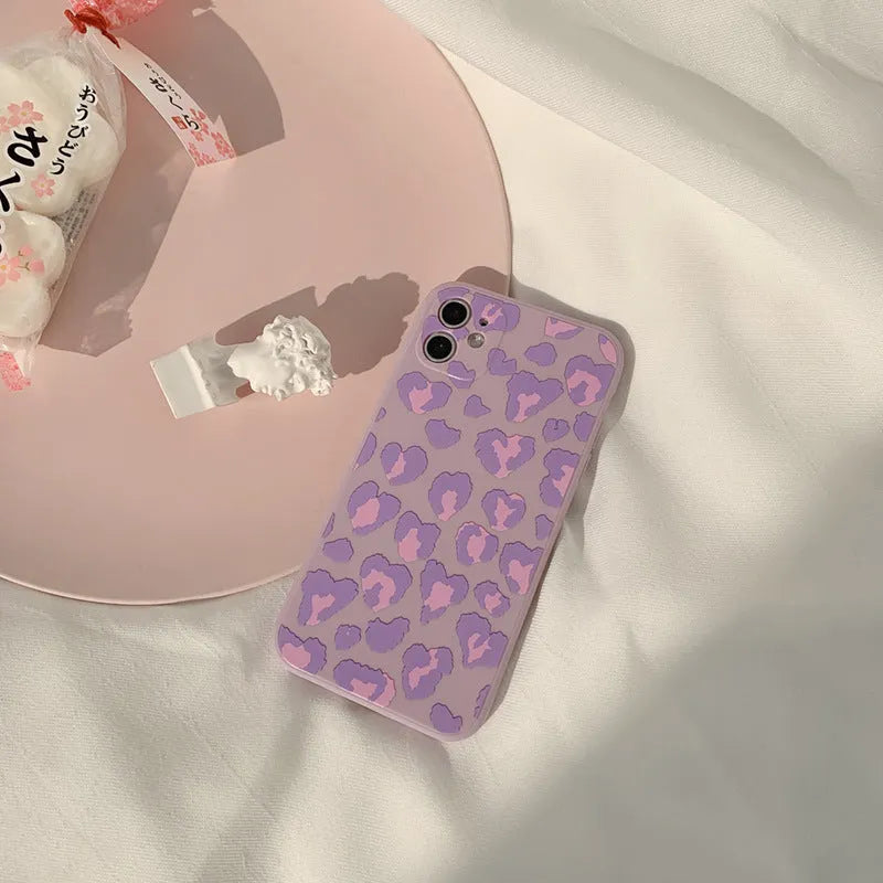 Frosted silicone phone case in purple leopard print for Apple iPhone models
