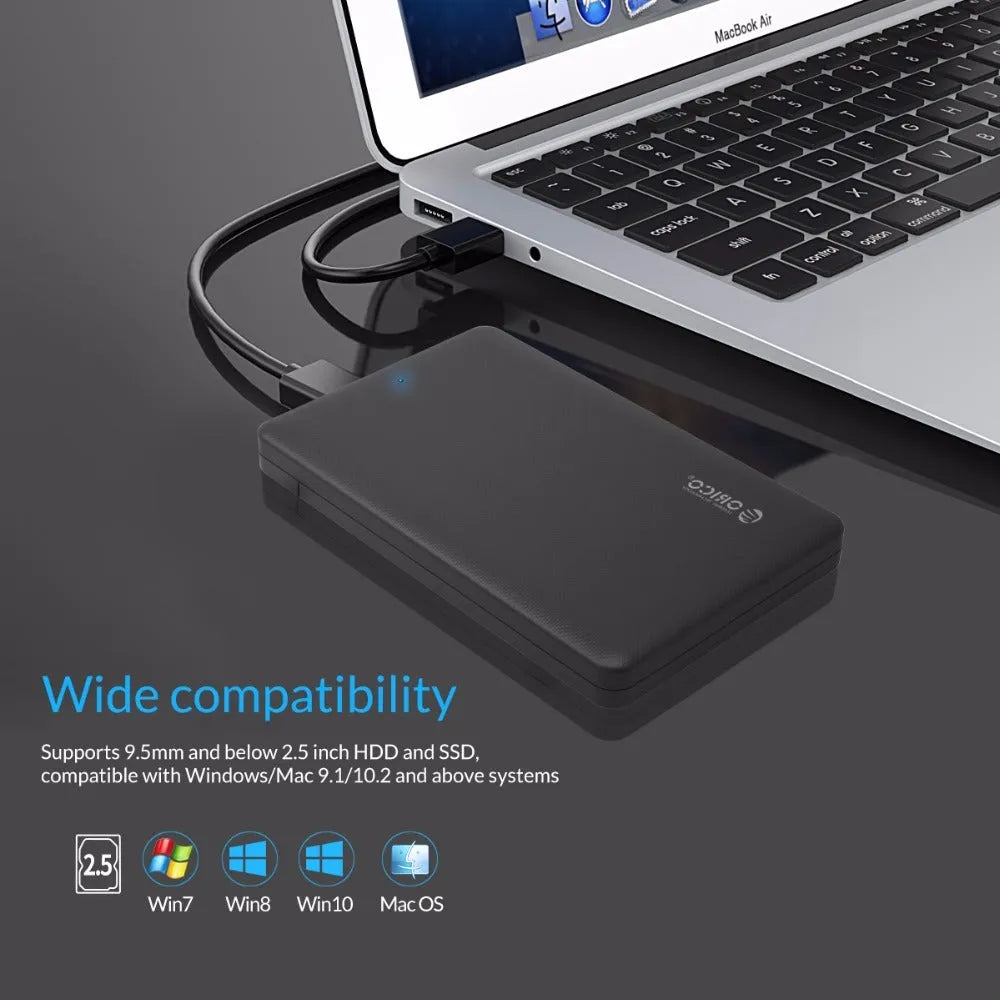 ORICO 2577U3 black external hard drive enclosure with USB 3.0 interface on a desk