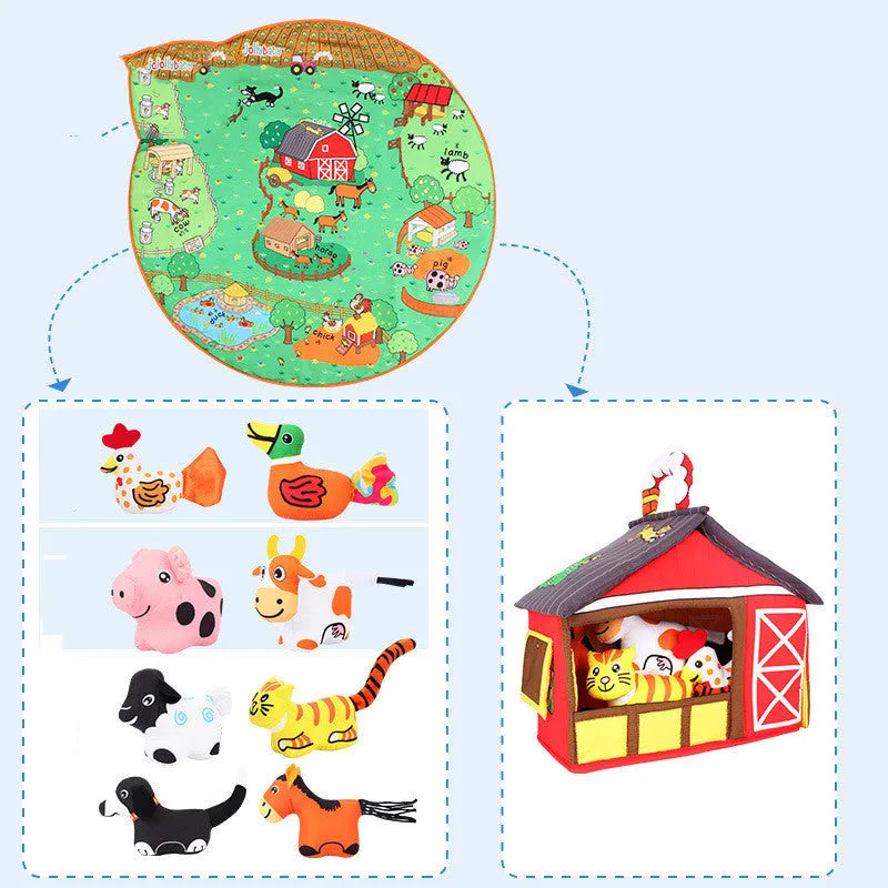 Baby play blanket with jungle animal toys on integral 1cm thick crawling mat for early education