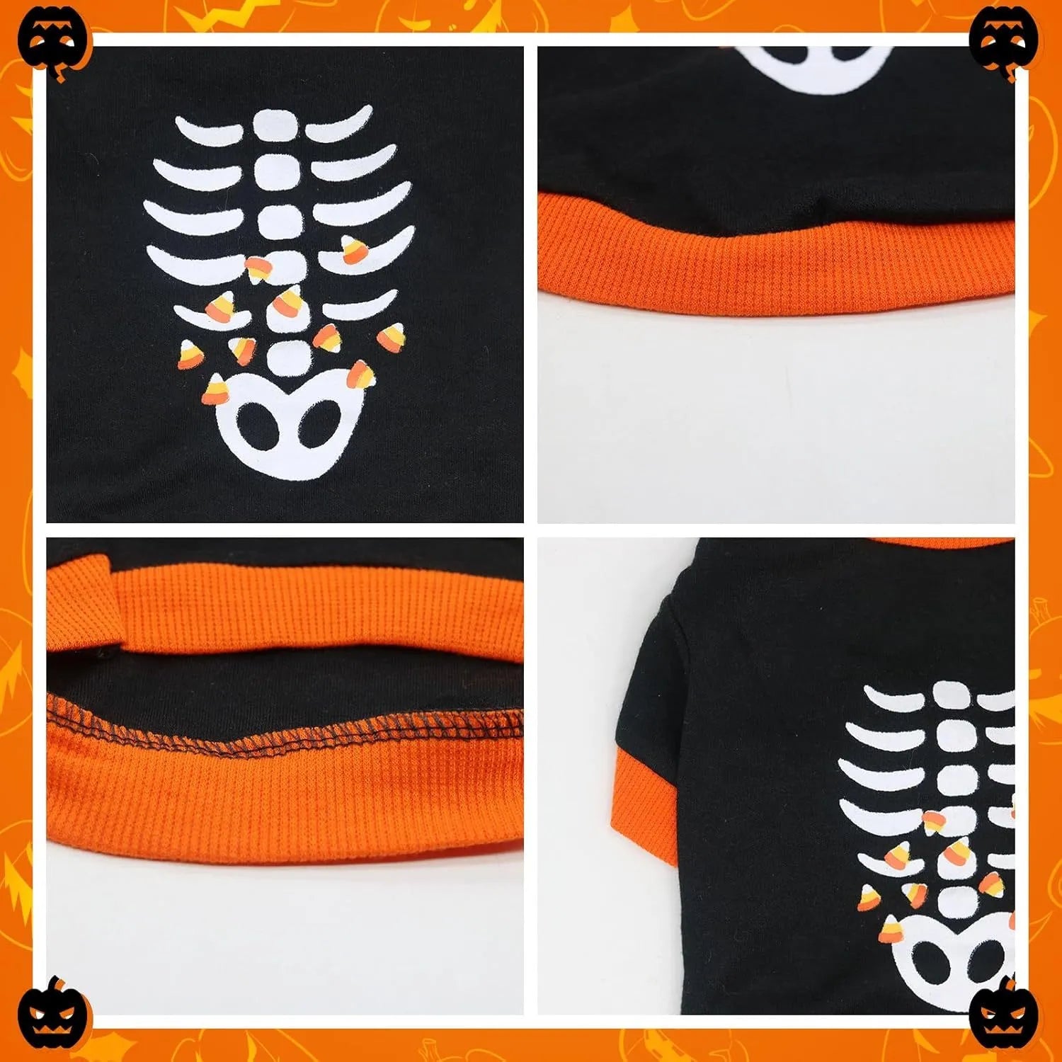 Small dog wearing an orange Halloween skeleton print sweatshirt with ribbed cuffs.