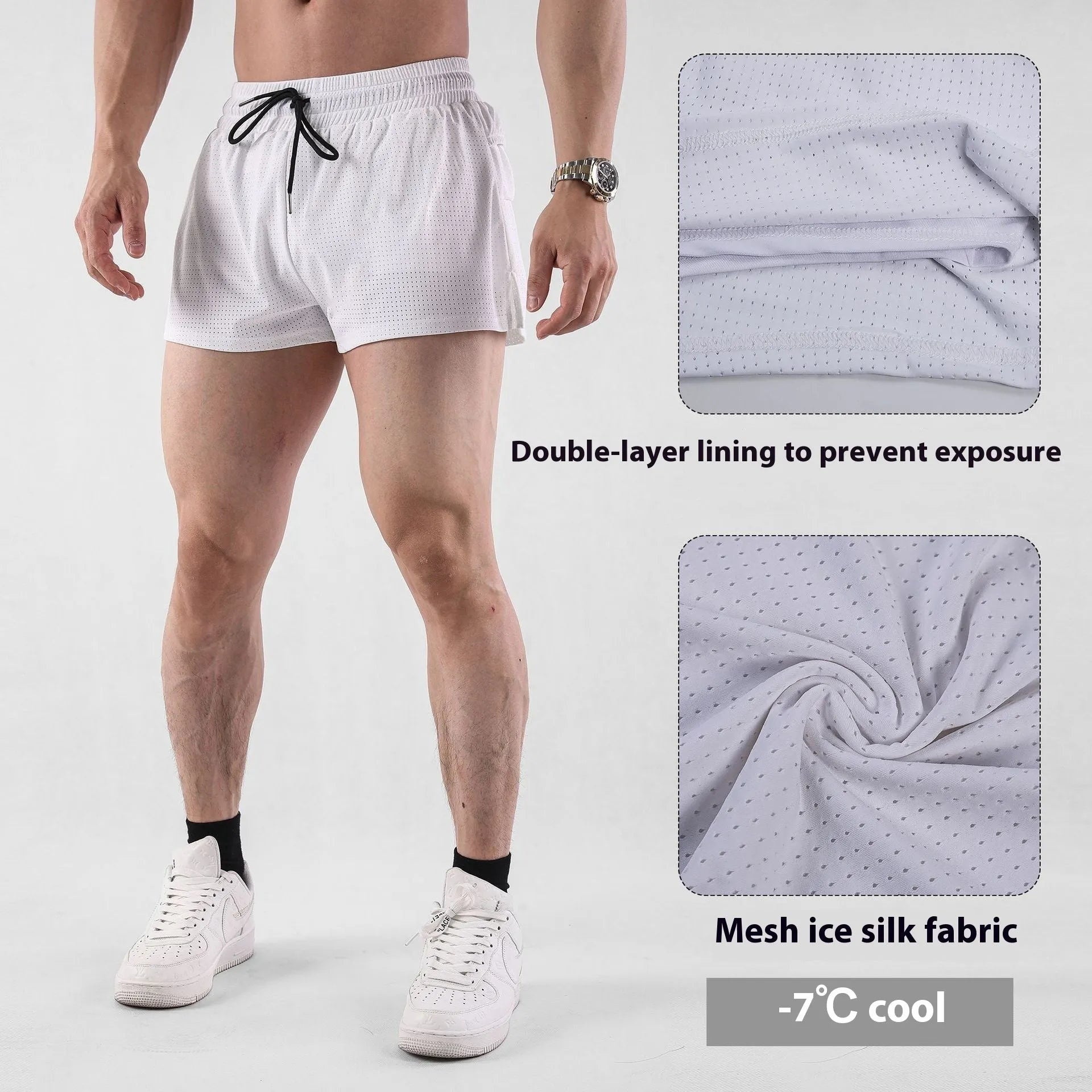 Men's quick-drying nylon shorts in black on a white background, showing mid-waist and short length.