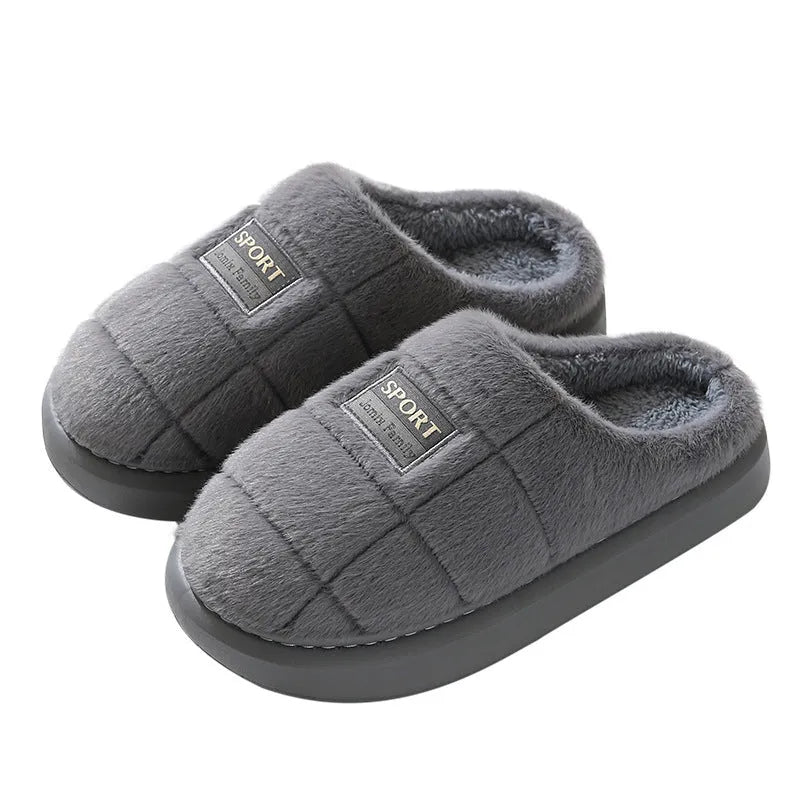 Men's grey and brown plaid rabbit hair slippers with a thick wool lining and EVA sole.