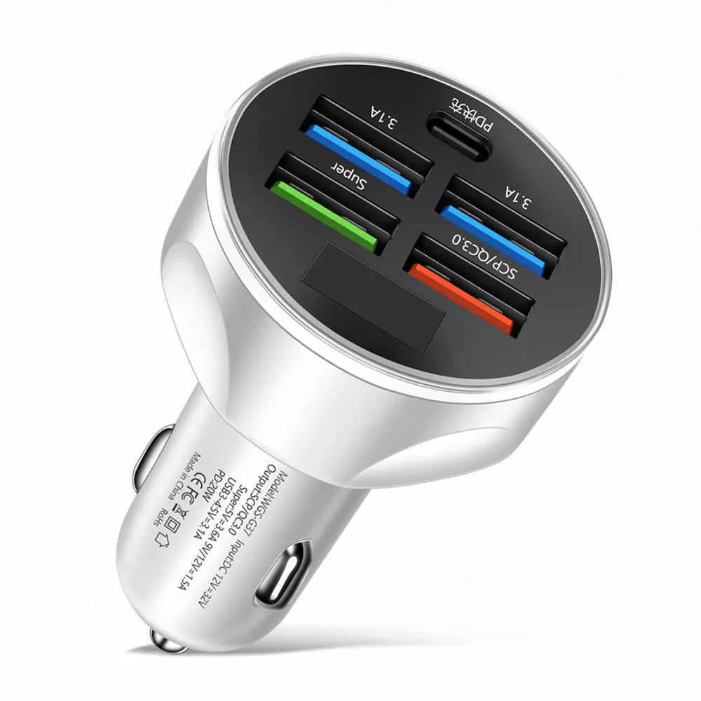 Super fast charge 5-in-1 car charger with digital display, black, USB and PD ports