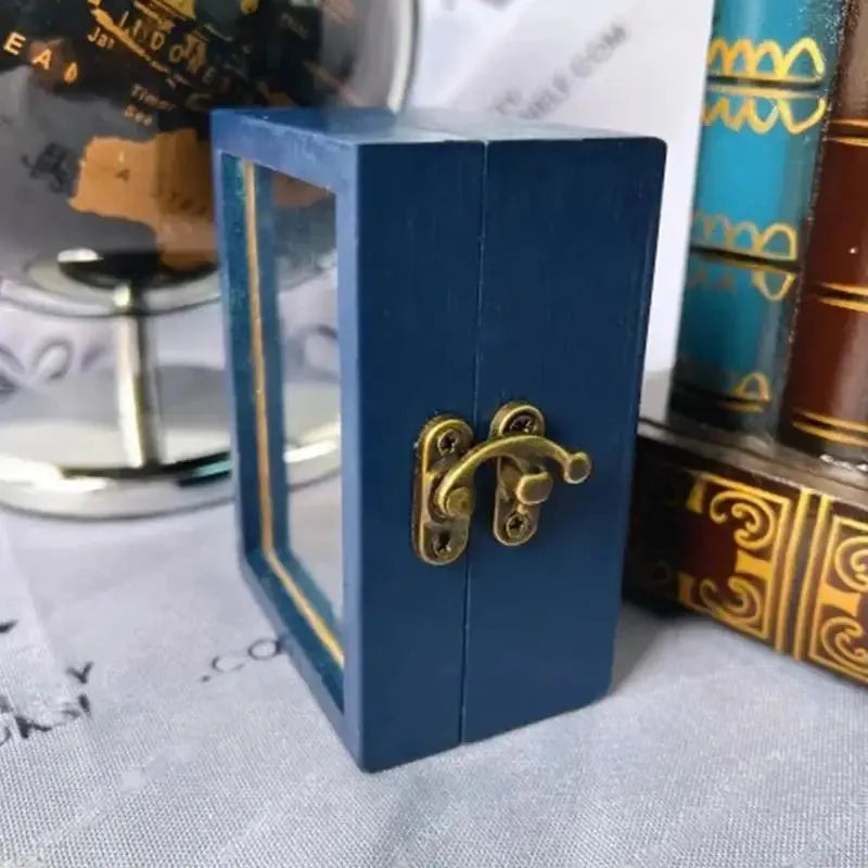 Mini wooden anti-anxiety bookshelf ornament with 60 mini books, 10x8x5cm, for desktop decor.