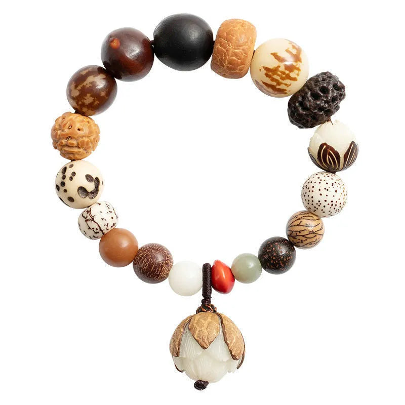 Handmade Bodhi seed bracelet with 18 natural beads on wrist, showing geometric national style design
