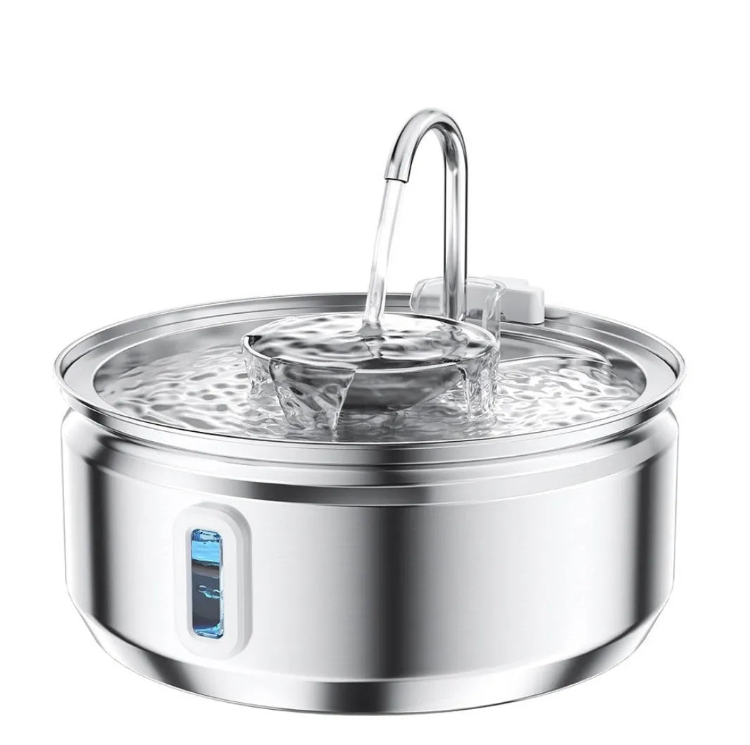 Stainless steel round pet water dispenser with large reservoir and selectable faucet attachment
