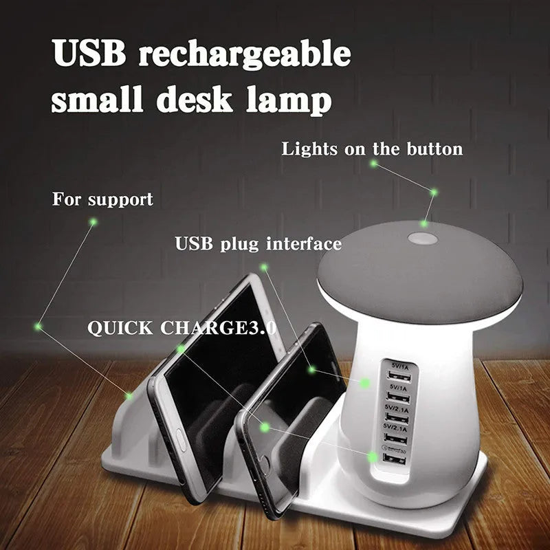 White 2-in-1 mushroom lamp USB charger with Qualcomm Quick Charge 3.0 on a wooden desk