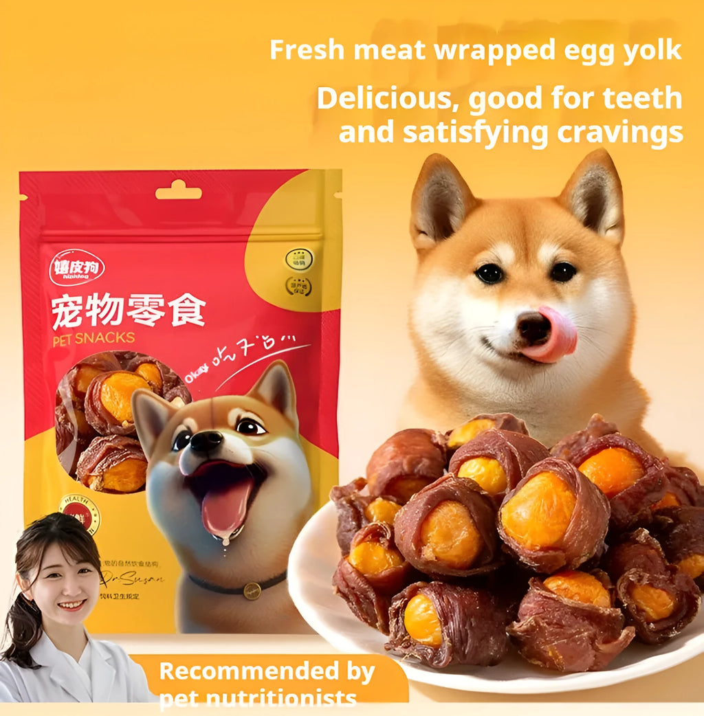 Dog snack egg yolk chicken duck meat small molar training reward food piece on surface