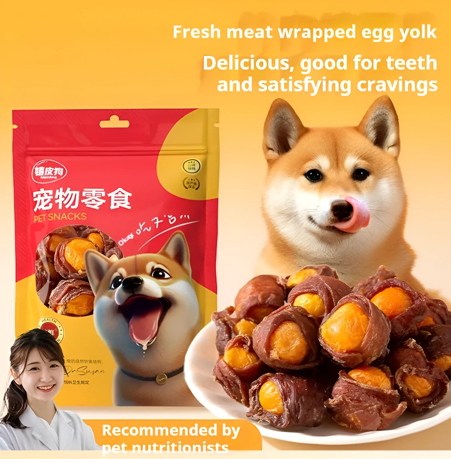 Dog snack egg yolk chicken duck meat small molar training reward food piece on surface