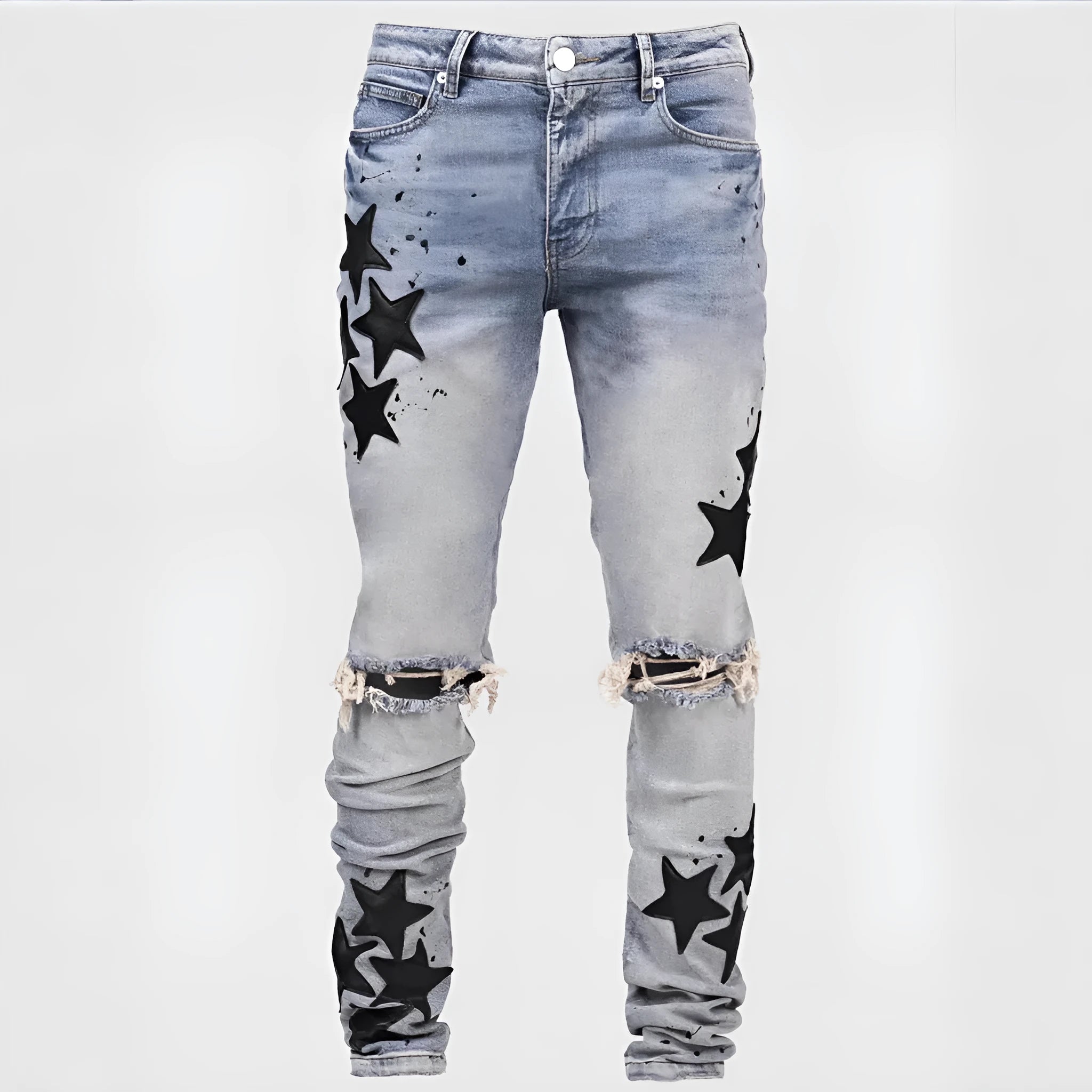 Men's slim stretch jeans with embroidery detailing in grey, blue, and light blue colour options