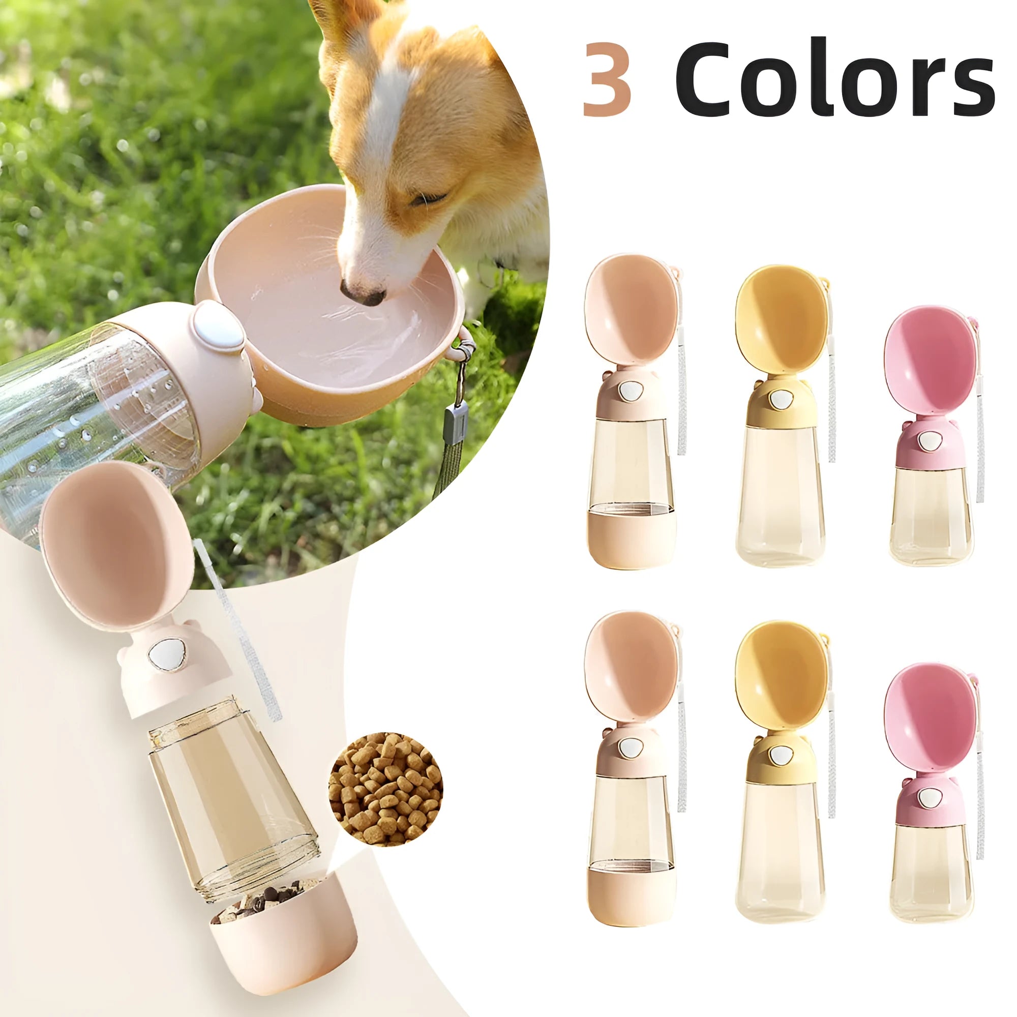 Yellow portable dog water bottle and feeder bowl for outdoor travel