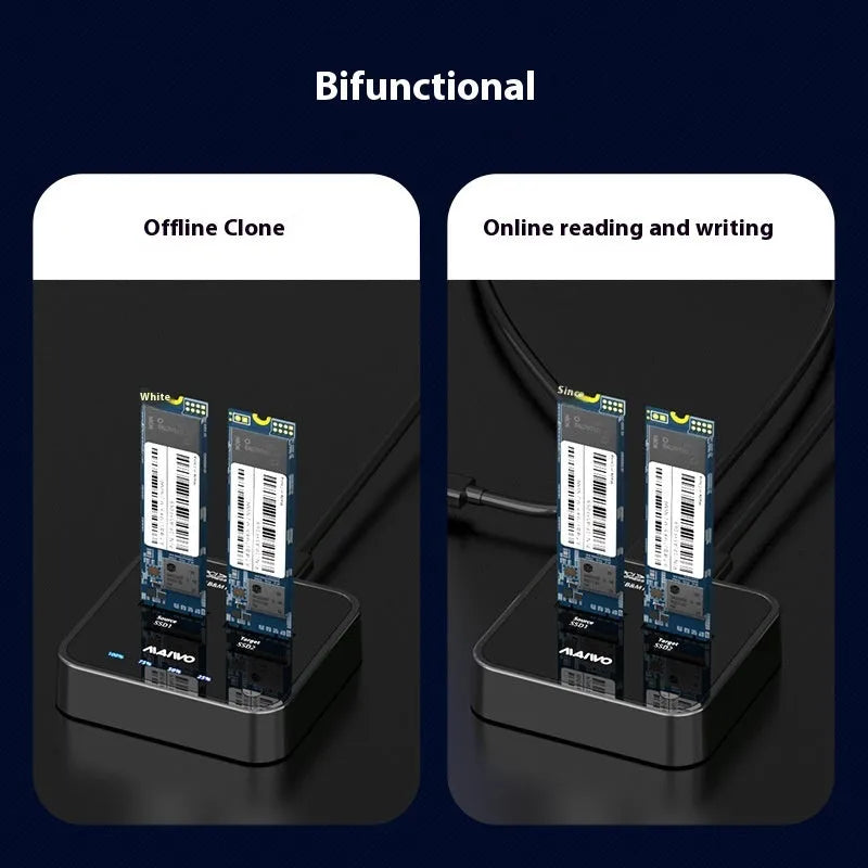 MAIWO K3016 M.2 SSD dock copier unit with data cables and power adapter on a desk.
