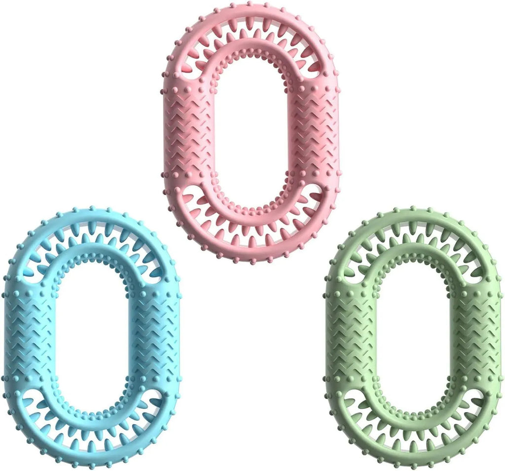 Blue, green, and pink heavy-duty O-ring shaped dog chew toy for aggressive chewers.