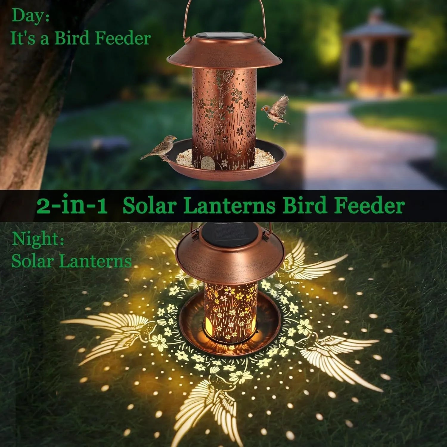 Solar-powered iron art bird feeder lamp with hummingbird decoration for outdoor garden use