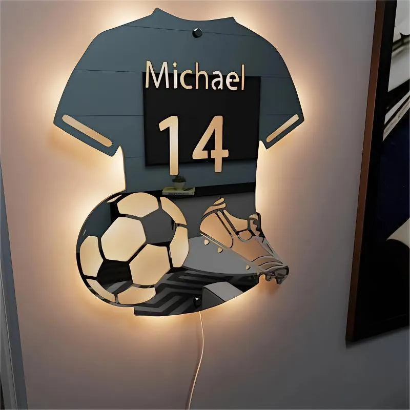Football jersey shaped acrylic luminous mirror night light with 12 colour LED and remote control on a wall