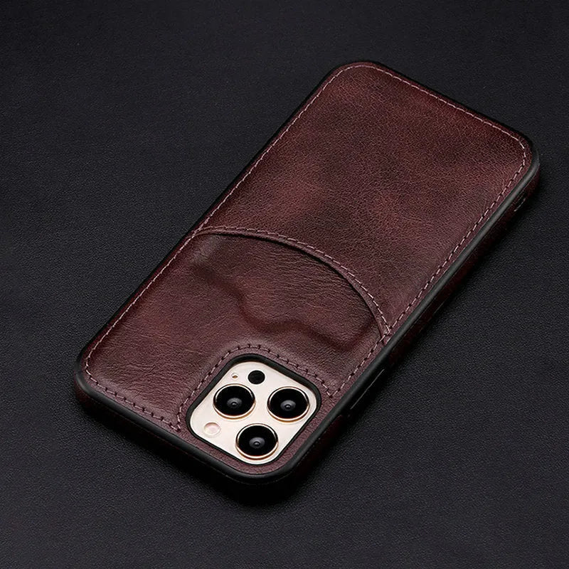 Dark blue PU leather protective case for iPhone, shown fitting multiple models.