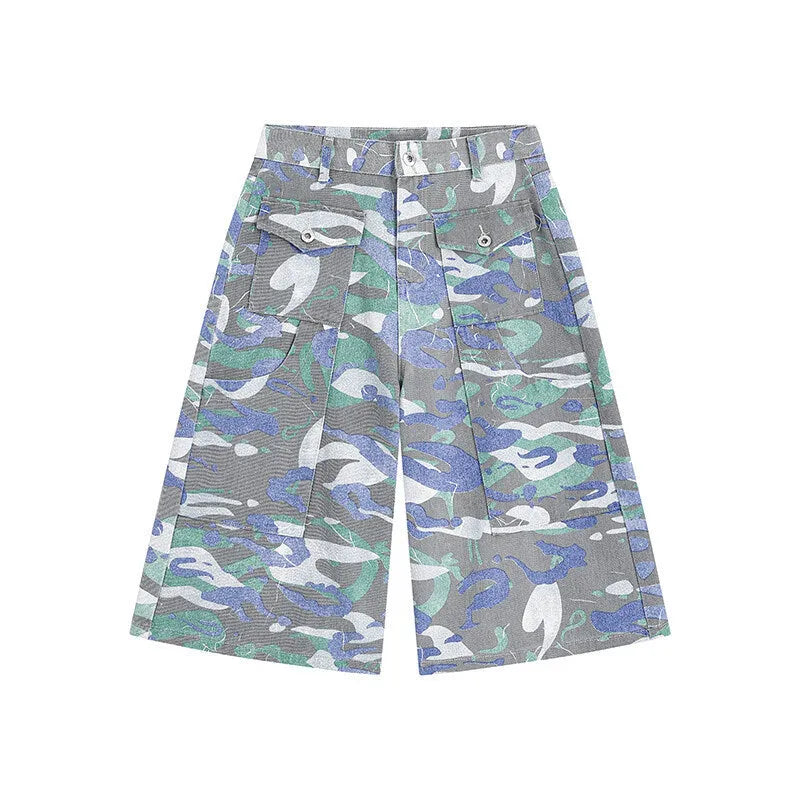 Camouflage pattern cotton denim cropped trousers with straight leg silhouette and functional pockets