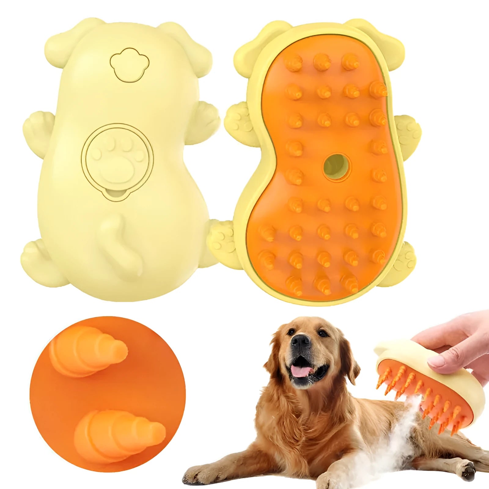 Handheld 3-in-1 steam pet grooming brush for cats and dogs on a white background.