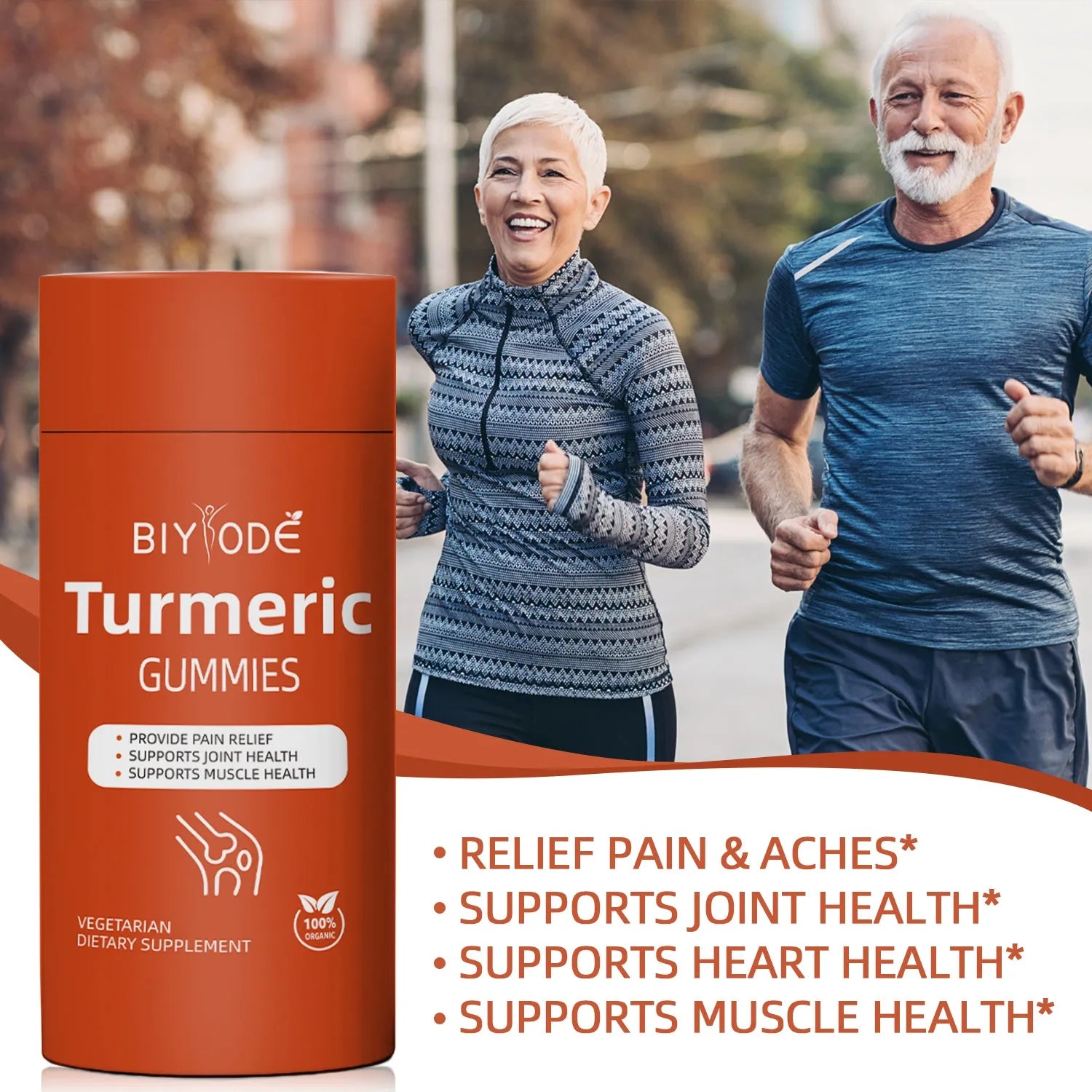 Organic turmeric gummies supplement by biyode in a bottle with 60 pieces