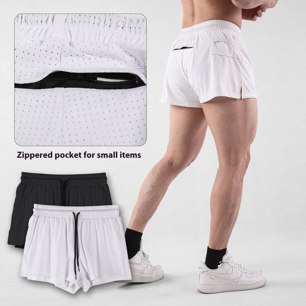 Men's quick-drying nylon shorts in black on a white background, showing mid-waist and short length.