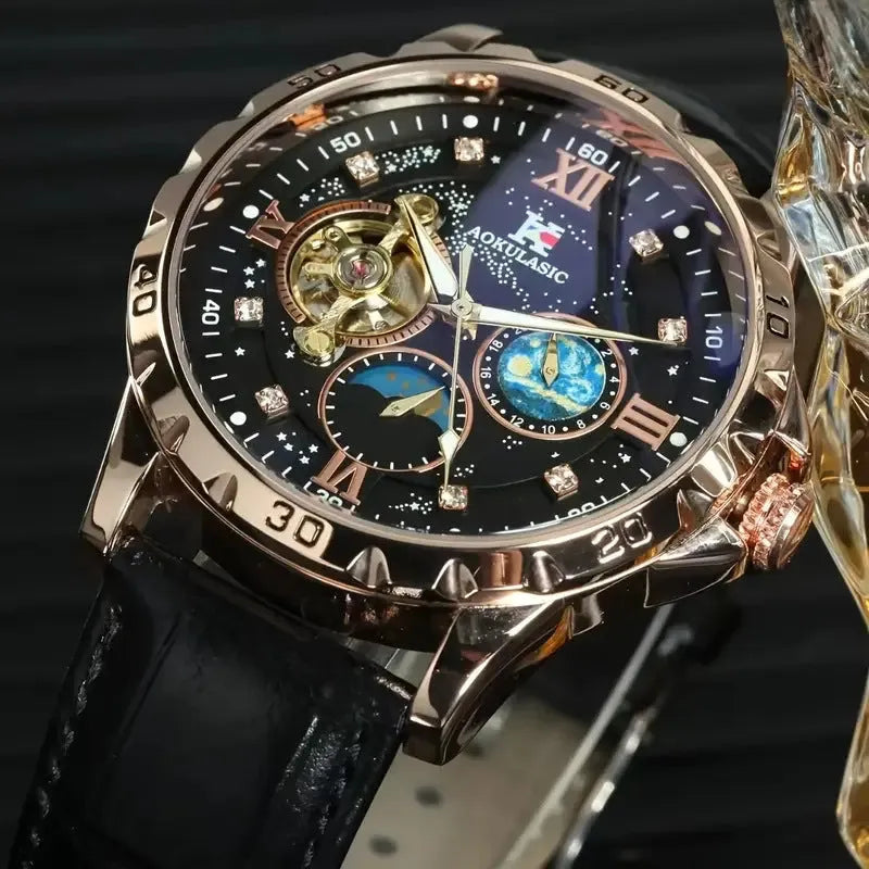 Men's black and rose gold automatic mechanical watch with large dial and leather strap.