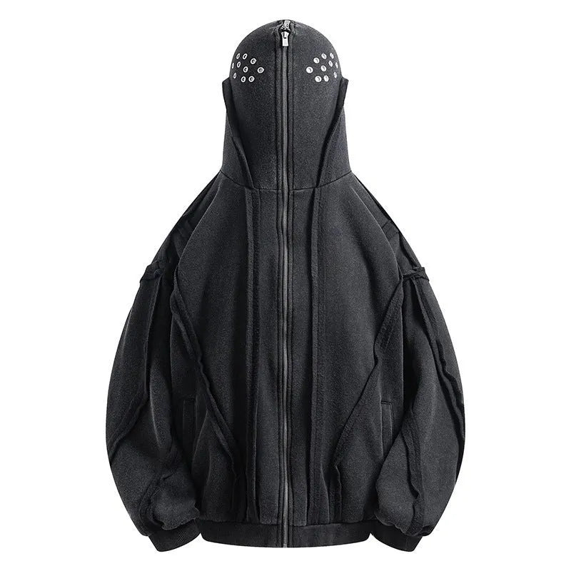 Black retro loose-fit cotton coat with a zip-up front and integrated hood.