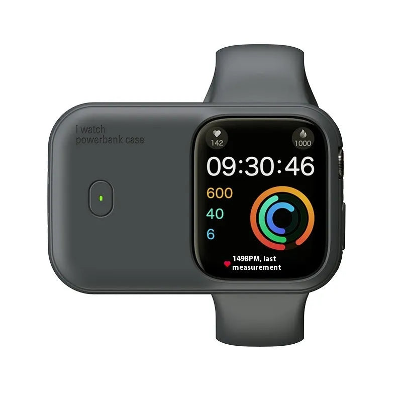 Apple Watch portable charging case with silicone cover, shown in Brown, Midnight Blue, and Starlight colours.