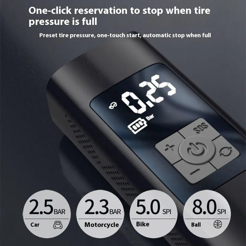 Vehicle air digital display portable wireless tire inflator with ABS metal body, warning light, and USB port