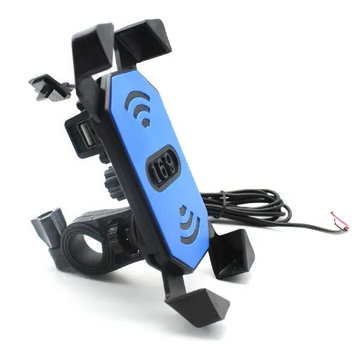 Black motorcycle phone holder mounted on handlebar with USB charging cable connected