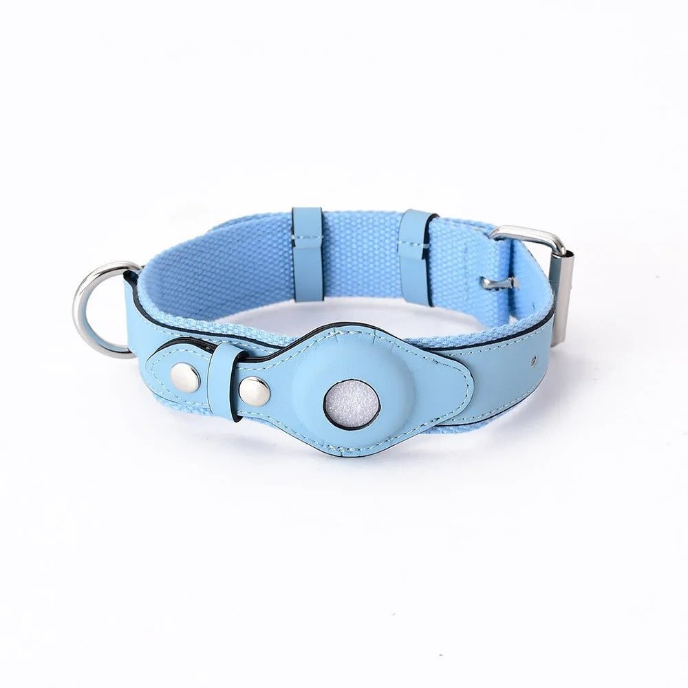 Leather dog collar with AirTag holder in black, adjustable for medium to large dogs