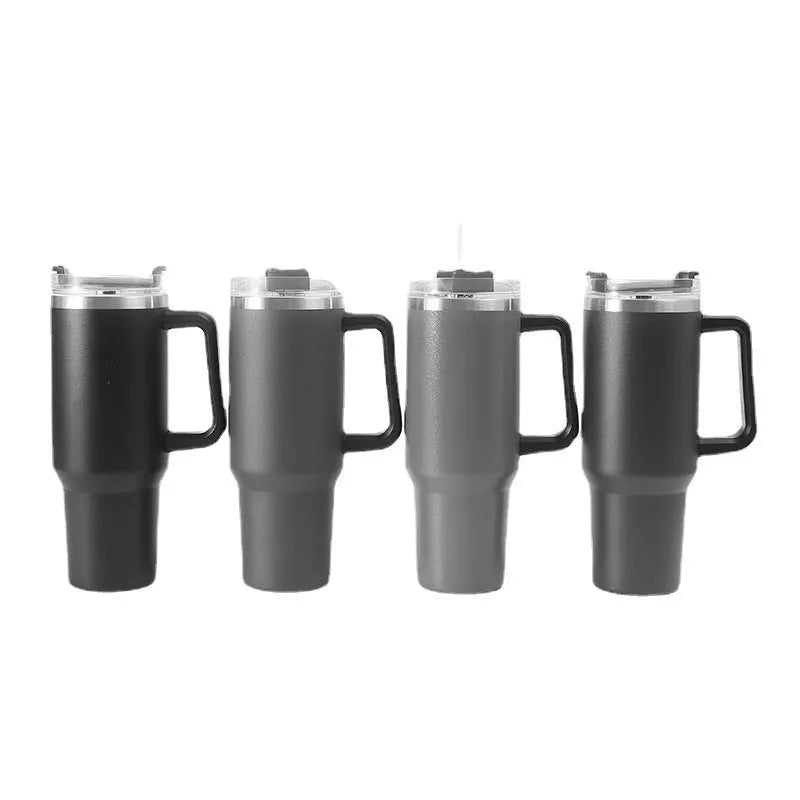40oz stainless steel insulated cup in blue with handle and lock catch lid on a white background