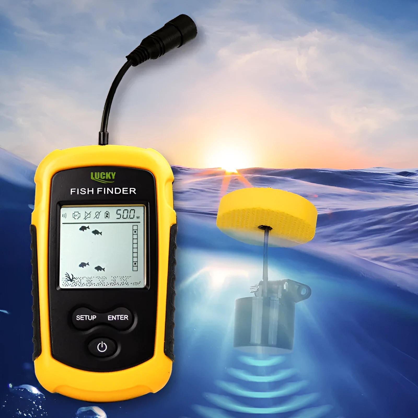 Yellow wired fish finder with 200KHZ sonar, 73m depth range, multi-language display