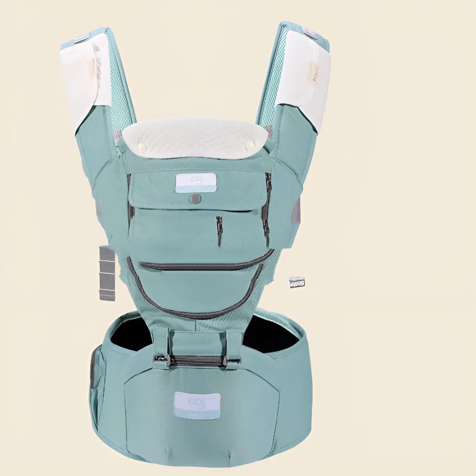 Breathable baby waist stool carrier in mint green with shoulder strap and back bag