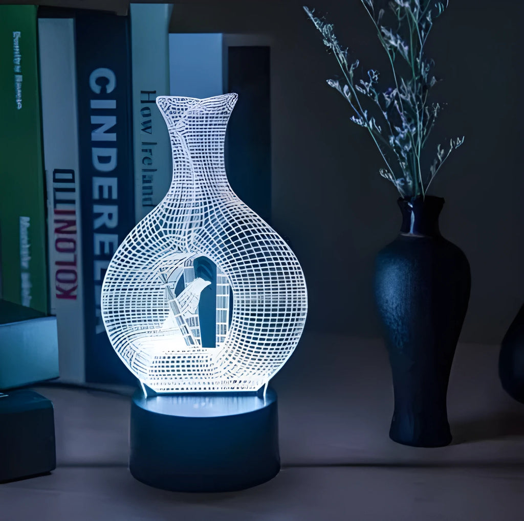 Creative 3D acrylic LED night light with touch button and multi-colour illumination on ABS base.