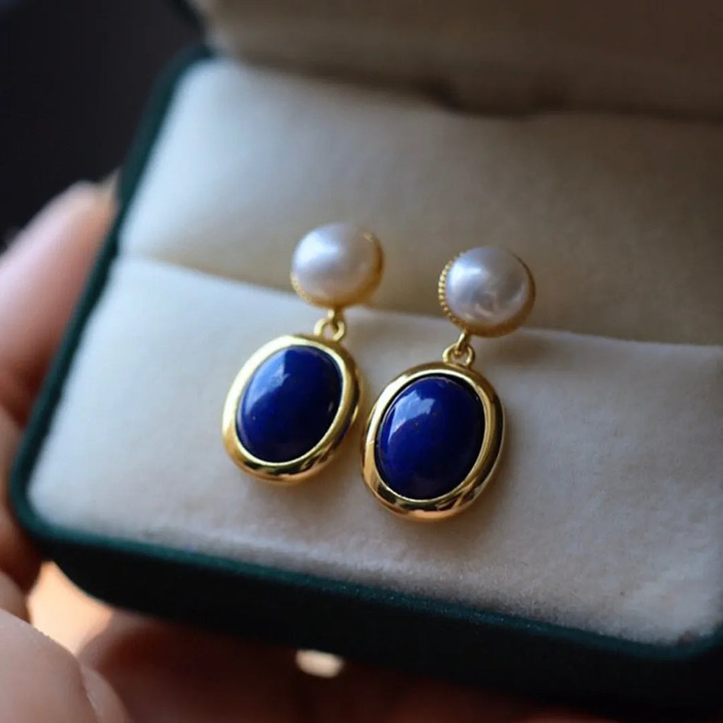 Lapis lazuli pearl stud earrings in 925 silver with auspicious pattern detailing
