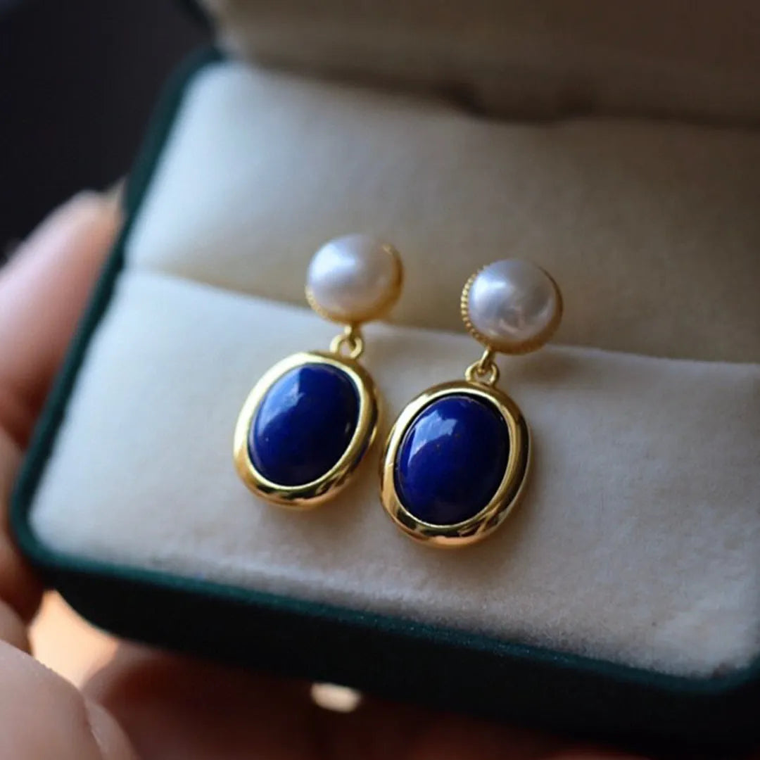 Lapis lazuli pearl stud earrings in 925 silver with auspicious pattern detailing
