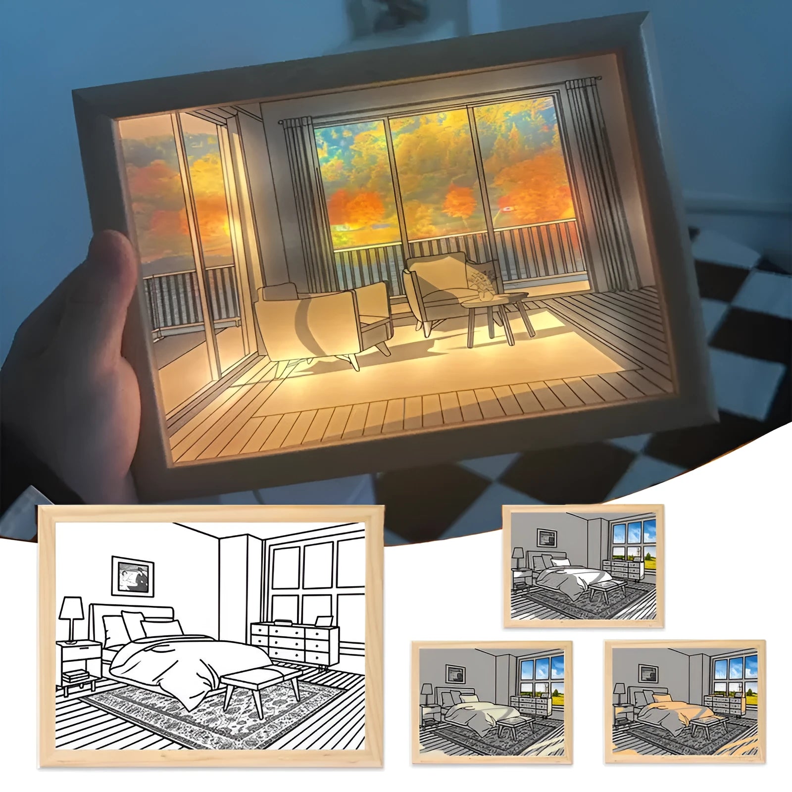 LED illuminated decorative picture showing scenic artwork with adjustable lighting in wooden frame