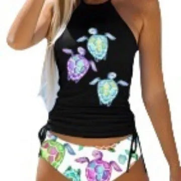 Conservative women's swimsuit with colourful split print design and briefs cut
